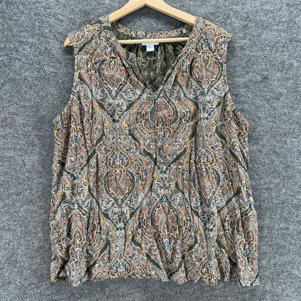 Liz Claiborne Blouse Women 1X Plus Gray Geometric V-Neck Sleeveless Wide Strap
